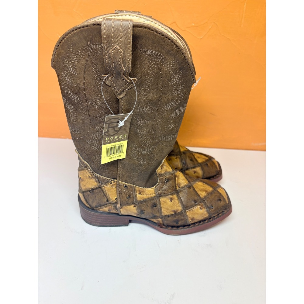 Roper Little Boys Toddler 11 Brown Tan Ostrich Print Patchwork Cowboy Boots